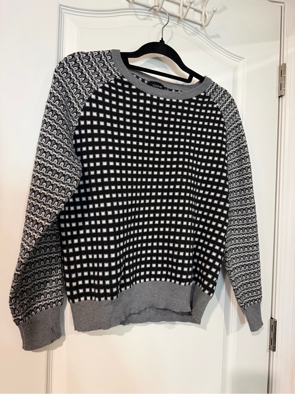 Checked-Grid Crewneck Sweater in Black & Gray